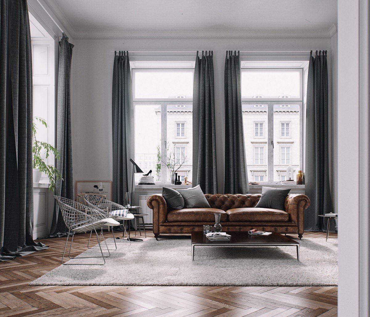 طراحی اتاق نشیمن مدرن با کفپوش چوبی، فرش پشمی، مبل چرمی، پرده های خاکستری که از بافت طبیعی در دکوراسیون آن استفاده شده است
